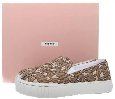 New Miu Miu Beige Brown Jacquard Logo Platform Slip On Sneaker Shoes 37/us 7 • $239.99