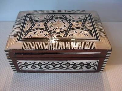 Egyptian Mosaic Inlay Trinket Box Mother Of Pearl Bone Wood Hinged Geometric • $20