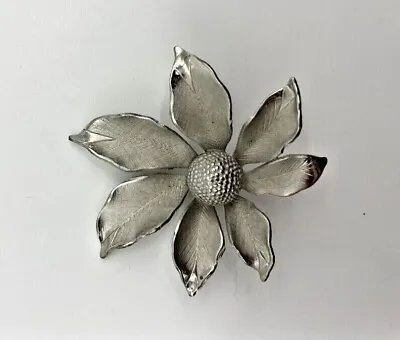 Vintage Signed KENNETH COLE Silver Tone Flower Brooch 7 Satin Pointed Petals  • $12.99