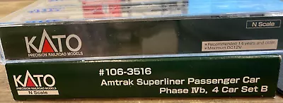 N KATO 106-3516 AMTRAK SUPERLINER 4 CAR SET B UNSURE OF THE PHASE ?? See Cars • $119.99