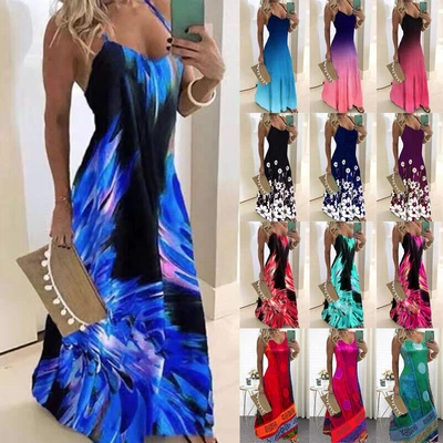 $17.59 • Buy Women Holiday Beach Sleeveless Long Maxi Dress Floral Boho V-Neck Swing Sundress