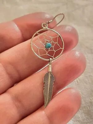 SINGLE (1 ONLY) Silver And Turquo Bead Dreamcatcher Native American Drop Earring • £12