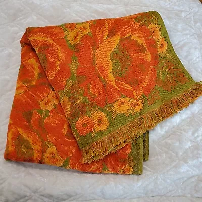 Vintage Fieldcrest Poppy Fringe Bath Towel 26”x 50  Orange Green USA Made Sculpt • $55