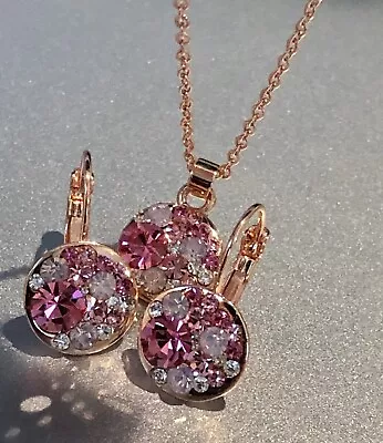 15mm Round Bella Pink Necklace Earrings Swarovski Crystal Rose Gold Plated Over • $38.50