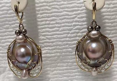 X Large MABE Blister Pearl Dangle Artisan Earrings FW Pearl Accents 14KY Levers • $325