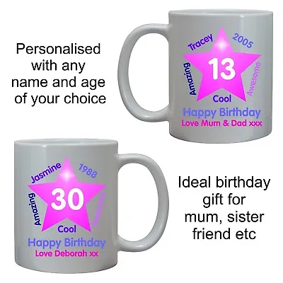 Personalised Birthday Gift For Her Girls Mug Cup Pink Star Daughter Sister Mum • £10.95