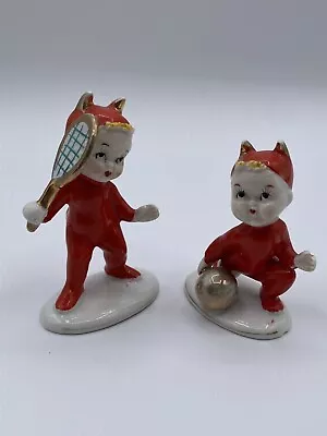 Vintage Lot Devil Ceramic Figurine Red Pixie Japan Sport Series Tennis Bowling • $47.36