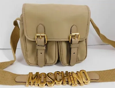 Moschino Redwall Italy Vintage Beige Nylon Leather Block Letter Crossbody Bag • $314.99