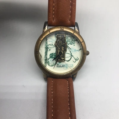 $0.99 • Buy Relic Watch Men Gold Tone Fisherman Dial UNTESTED Selling As Is No Returns