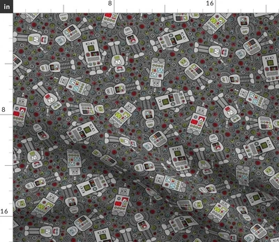 $18 • Buy Retro Robot Scatter Dark Gray Nerd Geek Computer Spoonflower Fabric By The Yard