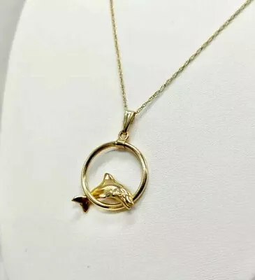 Kabana 14k Gold Dolphin Pendant 18  Necklace Dolphin Jumping Thru Hoop Summer! • $195