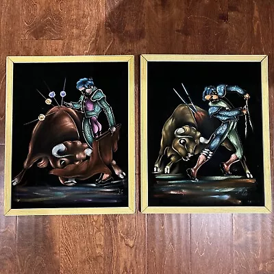 VTG Pair Of Black Velvet Matador Bull Fighting Painting Wood Frame 18.5”X15” FL • $64.99