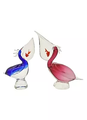 Pair Of Murano Glass Pelican Fish In Mouth Glass Sculptures Adorable • $299.95