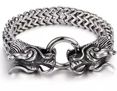 104g Heavy Stainless Steel Vintage Chain Link Bracelet Biker Double Dragon Charm • $16.99