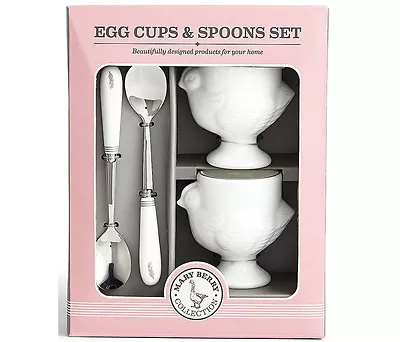 Mary Berry Chicken Shape Porcelain Egg Cups & Handles Stainless Steel Spoons Box • £10.95