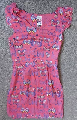 Yumi Short Sleeve Ruffle Butterfly Pattern Pink V Neck Fit Flare Dress Size 10 • £11.49