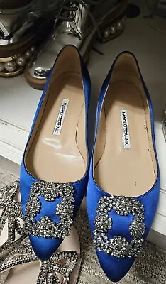 Manolo Blahnik Hangisi Royal Blue Satin Flats Size One Shoe 37 Other Is 37.5 • $215