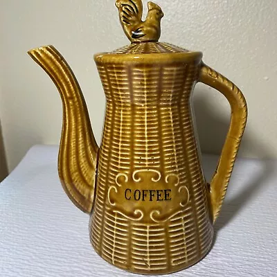 Vintage Basket Weave Wicker Chicken Rooster Coffee Pot Ceramic Japan Farmhouse • $24.90