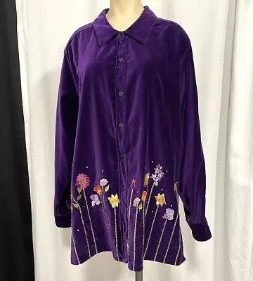 The Quacker Factory Jacket Womens 1X Purple Embroidered Applique Rhinestones • $12.95