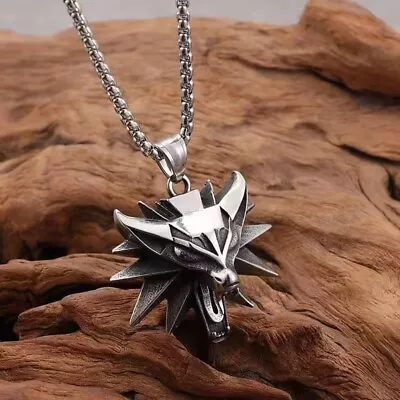 Mens Silver Witcher Wolf Head Pendant Necklace Punk Biker Jewelry Box Chain 24  • $11.99