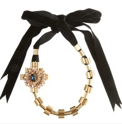 MAWI LONDON Gold Tone Crystal Cluster Ribbon Necklace • $311.25