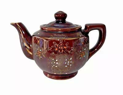 Vintage Dark Brown Ceramic Teapot Enamel Flowers Japan 12 Oz. • $14.39