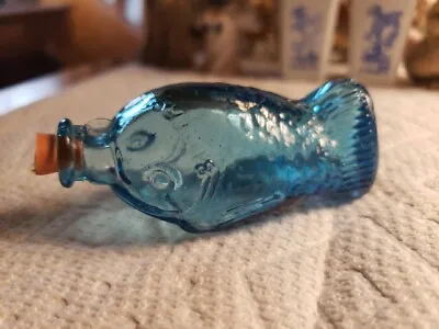Vintage Fischs Bitters Bottle Fish Shaped Aqua Blue Glass Miniture 3” • £9.63