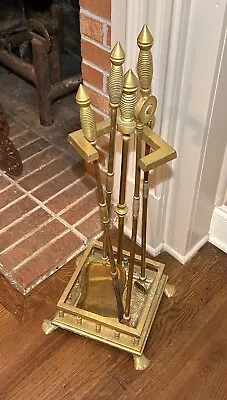 Vtg Brass Metal Fireplace Tool Set Fire 3 Piece Set Plus Stand • $99.99