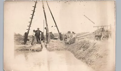TRACTOR PUMPING WELL WATER INTO RESERVOIR C1910 Real Photo Postcard Rppc Steam • $12.83