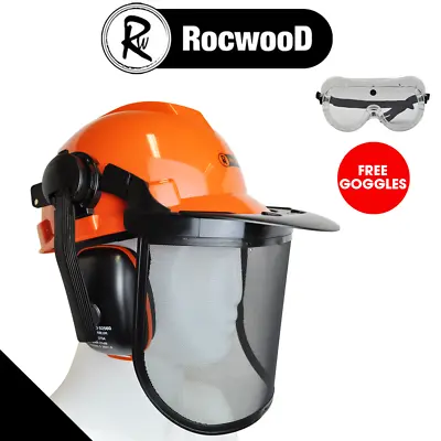 Chainsaw Safety Helmet Metal Mesh Full Visor Forestry FREE Goggles • £18.95