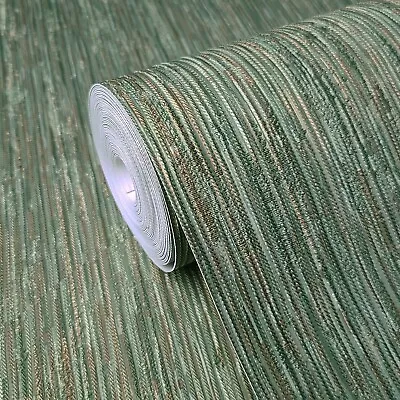 Green Bronze Metallic Stria Lines Faux Fabric Heavy Plain Textured Wallpaper 3D • $4.94