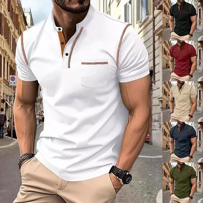 Short Sleeve Pullover Men T-Shirts Colorblock V-neck Buttons Tops Tees Casual • $20.50