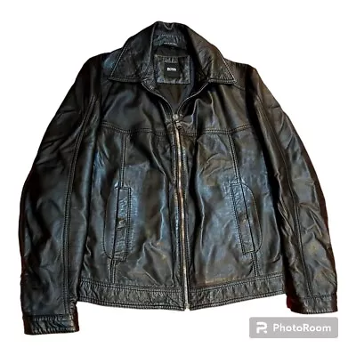 Boss By Hugo Boss 100% Lamb Leather Moto Biker Zip-Up Jacket 42R Black Sz L • $170