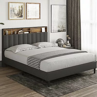 $279 • Buy Queen Size Platform Wood Bed Frame Upholstered With Storage Headboard, Dark Grey