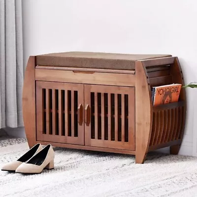 Bamboo Shoe Bench Rack 2-Tier Organizer Entryway Storage Shelf Fabric Cushion • $111.99