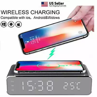 New 2024 15 W Digital LED Desk Alarm Clock Thermometer  Wireless Charger • $17.99