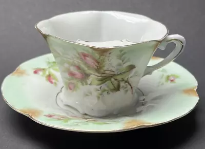 Old Bavarian China Germany Mustache Mug Teacup Saucer Painted Floral Roses READ • $18