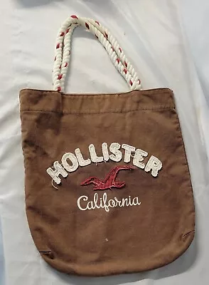 Hollister California Logo Cream Brown Embroidered Tote Bag Distressed Rope  • £11.82