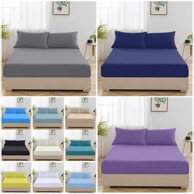 400TC 100% Egyptian Cotton Fitted Sheet Flat Sheet Single Double King Bed Sheets • £6.49