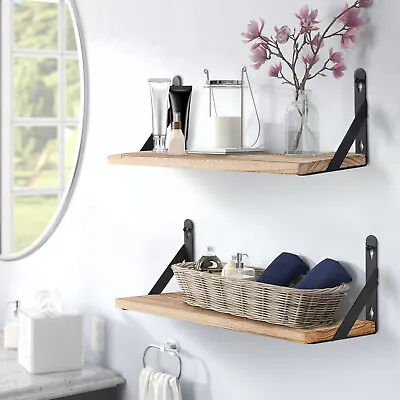 2x Wooden Floating Shelves Wall Mounted Display Storage Hold Rustic Industrial • £12.99