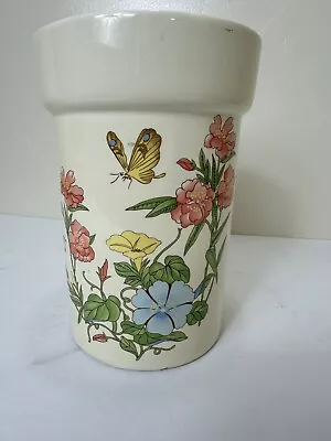 Vintage Pale Yellow Floral Butterfly Kitchen Utensil Holder Jar 7 Inches Tall • $16