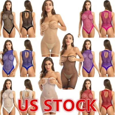 US Women Fishnet Mesh Sheer High Cut Thong Leotards Bodysuit Sleeveless Lingerie • $7.43