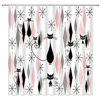 ABONAN Mid Century Black Cat Shower Curtain Atomic Starbursts Cat Modern Pattern • $23.21