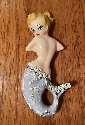 Vintage 8.5” Ceramic Mermaid Wall Decor Plaques 1950s Aqua Blue Hand Painted • $75