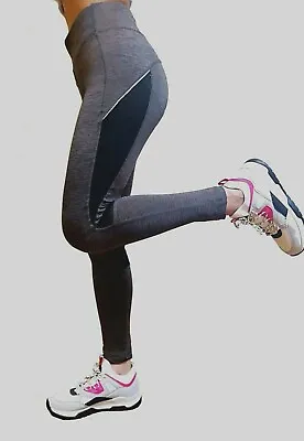 Women Grey Mesh Panel Sports Leggings Full Length Gym Running Yoga Active • £8.98