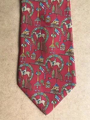 SALVATORE FERRAGAMO Tie Italy 100% Silk Red Background Equestrian Horse Racing • £55