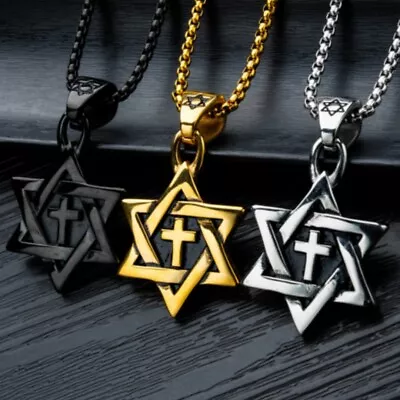 Men Silver Gold Black Star Of David Cross Pendant Necklace Stainless Steel Chain • $11.99