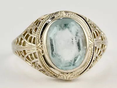 Vintage 14K White Gold Filigree 9MM X 8MM Aquamarine Ring Size 7 1/2 • $254.50