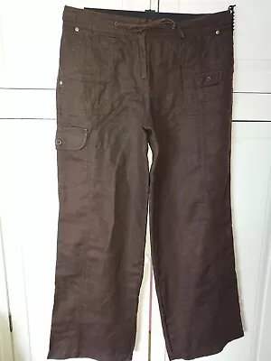 Marks & Spencer Brown 100% Linen Wide Legged Trousers & Tie Size 12 Medium 31.5  • £9.99
