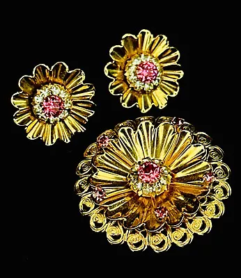 Vintage Pink Rhinestone Set Brooch And Earrings ~ 3d Gold Tone Starburst • $39